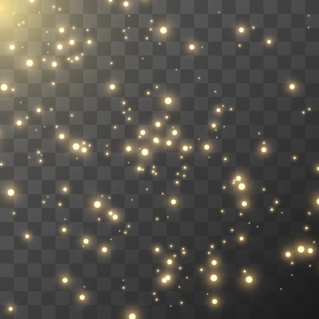 Las chispas y las estrellas doradas brillan con efecto de luz especial. destellos sobre fondo transparente. Partículas de polvo mágico espumoso