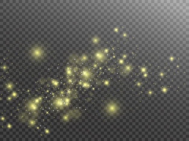 Las chispas y las estrellas doradas brillan con efecto de luz especial. destellos sobre fondo transparente. patrón abstracto. Partículas de polvo mágico espumoso