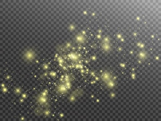 Las chispas y las estrellas doradas brillan con efecto de luz especial. destellos sobre fondo transparente. patrón abstracto. Partículas de polvo mágico espumoso