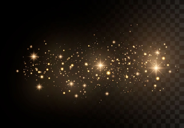Las chispas y las estrellas doradas brillan con una luz especial. brillantes partículas de polvo mágico.