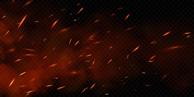 Vector chispas de fuego realistas sobre fondo transparente ilustración vectorial de partículas ardientes y humo