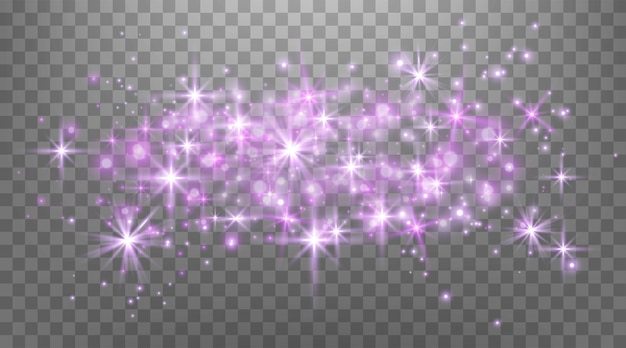Las chispas mágicas púrpuras y las estrellas de polvo El efecto de luz de la llamarada púrpura del resplandor de la luz de xACristmas efecto de luz Las partículas vectoriales en un fondo transparente