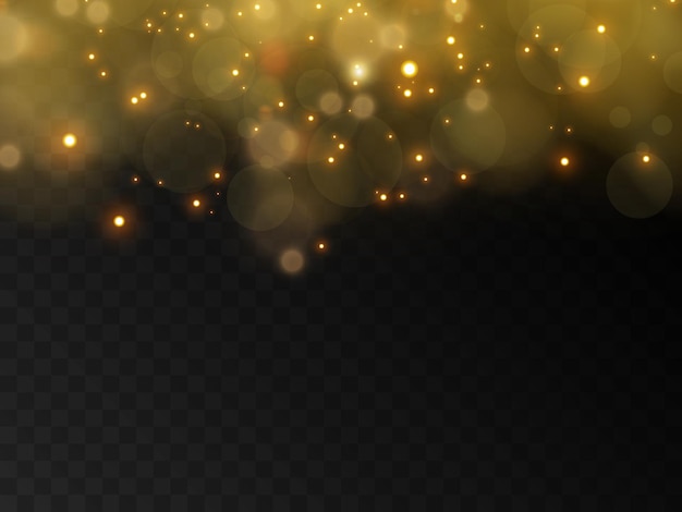 Las chispas de polvo amarillo brillan con reflejos especiales Efecto de luz de brillo navideño Fondo abstracto