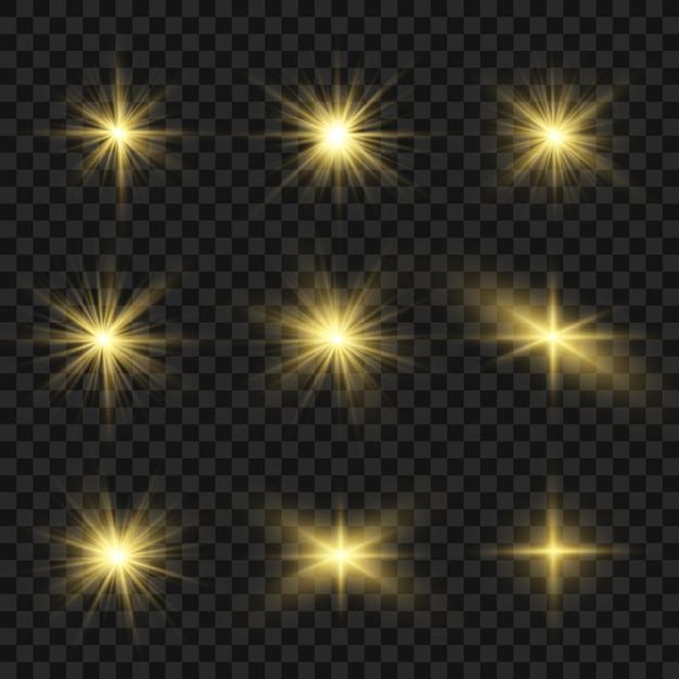 Las chispas de polvo y las estrellas doradas brillan con una luz especial. brilla sobre un fondo transparente. Efecto de luz navideña. Interior de partículas de polvo mágico espumoso