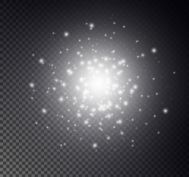Las chispas de polvo y las estrellas doradas brillan con una luz especial. brilla sobre un fondo transparente. Efecto de luz navideña. Partículas de polvo mágico espumoso.