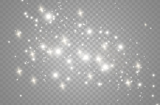 Las chispas de polvo y las estrellas doradas brillan con una luz especial. brilla sobre un fondo transparente. Efecto de luz navideña. Partículas de polvo mágico espumoso.
