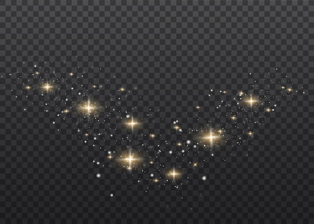 Las chispas de polvo y las estrellas doradas brillan con una luz especial. brilla sobre un fondo transparente. efecto de luz navideña. partículas de polvo mágico espumoso.