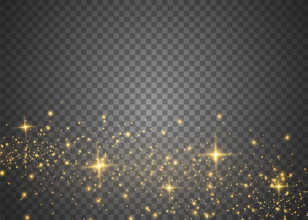 Las chispas de polvo y las estrellas doradas brillan con una luz especial. brilla sobre un fondo transparente. Efecto de luz navideña. Partículas de polvo mágico espumoso.