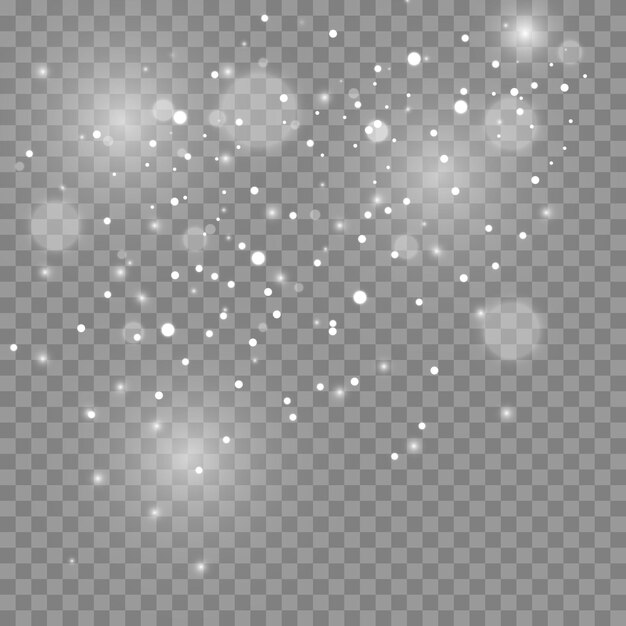 Las chispas de polvo y las estrellas doradas brillan con una luz especial. brilla sobre un fondo transparente. Efecto de luz navideña. Partículas de polvo mágico espumoso.