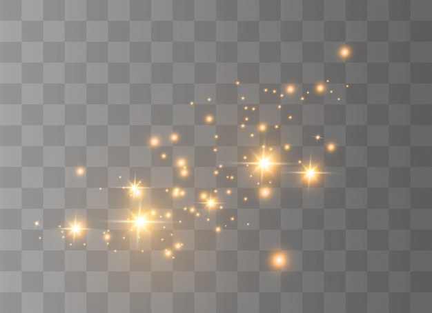 Las chispas de polvo y las estrellas doradas brillan con una luz especial. brilla sobre un fondo transparente. Partículas de polvo mágico espumoso.