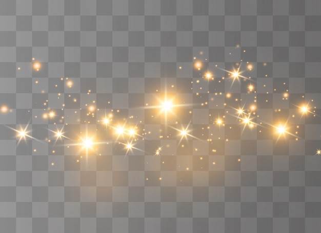 Las chispas de polvo y las estrellas doradas brillan con una luz especial. brilla sobre un fondo transparente. Partículas de polvo mágico espumoso.