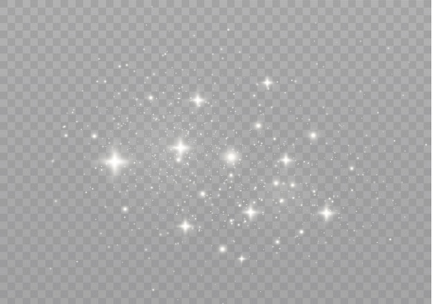 Las chispas de polvo y las estrellas doradas brillan con una luz especial. brilla sobre un fondo transparente. Partículas de polvo mágico espumoso.