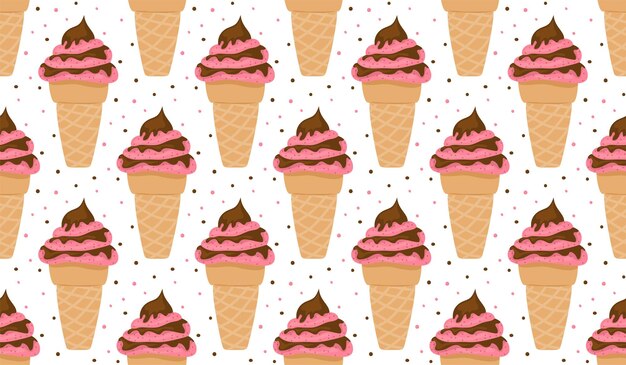Choco frambuesa helado waffle cuerno de patrones sin fisuras plano Doodle estilo descuidado etiqueta etiqueta lácteos verano niño vacaciones biz papel de regalo hecho a mano impresión tela textil papel pintado fondo festivo