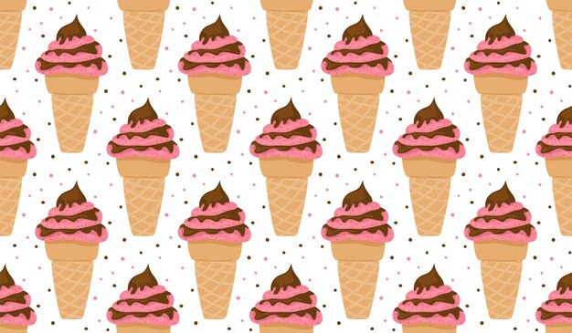 Choco frambuesa helado waffle cuerno de patrones sin fisuras plano doodle estilo descuidado etiqueta etiqueta lácteos verano niño vacaciones biz papel de regalo hecho a mano impresión tela textil papel pintado fondo festivo