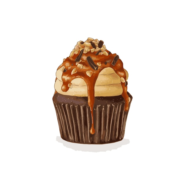 Vector chocolate de cacahuete con caramelo salado con glaseado cupcake ilustración acuarela dibujada a mano