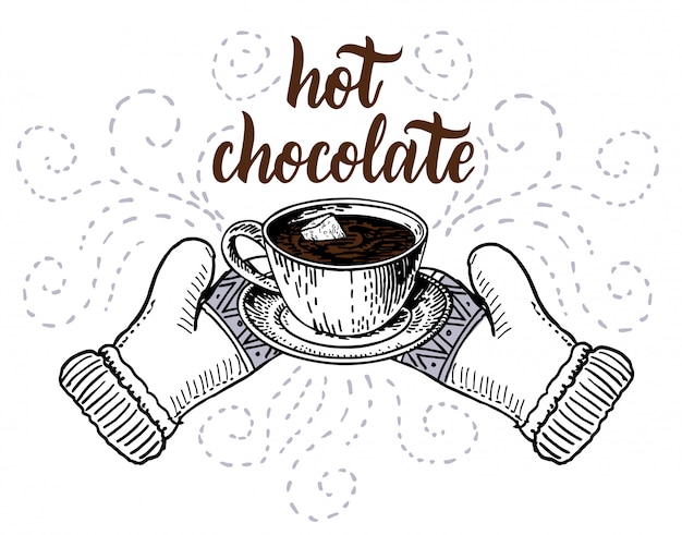 Chocolate caliente con malvaviscos en un dibujo de taza. Elemento de elemento de diseño de tarjeta de felicitación de vacaciones de invierno aislado sobre fondo blanco.