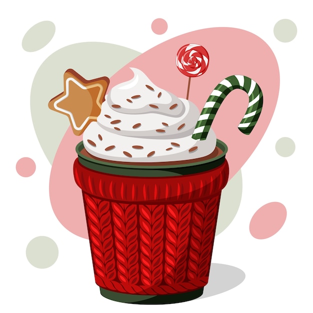Chocolate caliente navideño con nata, bastón de caramelo, piruleta y galleta.