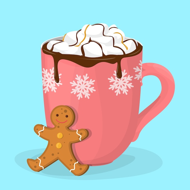 Chocolate caliente o cacao en taza roja. Taza con bebida caliente y galleta de jengibre. Cacao caliente en Navidad. Postre delicioso. ilustración