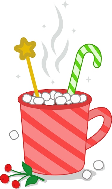 Chocolate caliente con paletas navideñas y malvaviscos en una taza roja. ilustración vectorial