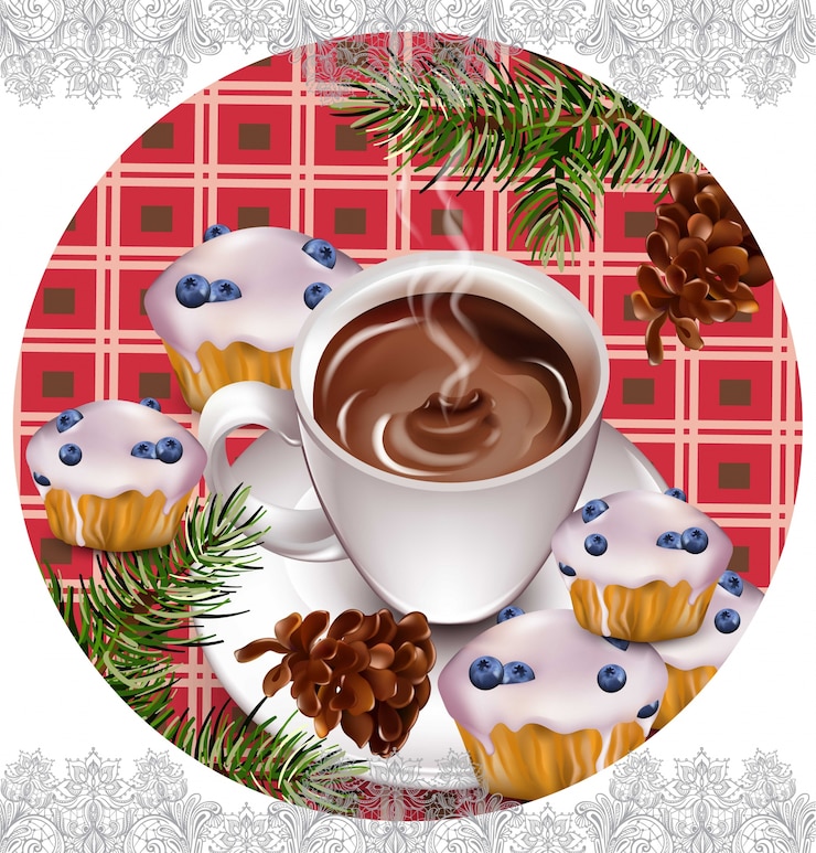 Vector chocolate caliente y panecillos en el fondo vintage. bebida derrochadora decoraciones de estilo francés