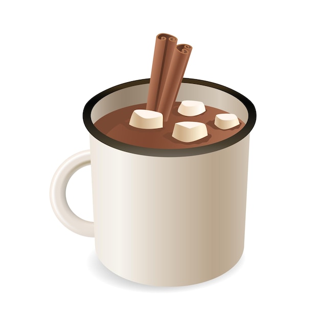 Vector chocolate caliente picante casero con un palo de canela en una taza de esmalte cacao caliente con malvaviscos