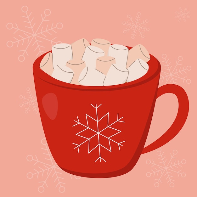 Chocolate caliente vectorial con malvaviscos en una taza roja cacao con malvavescos fondo rosa con s