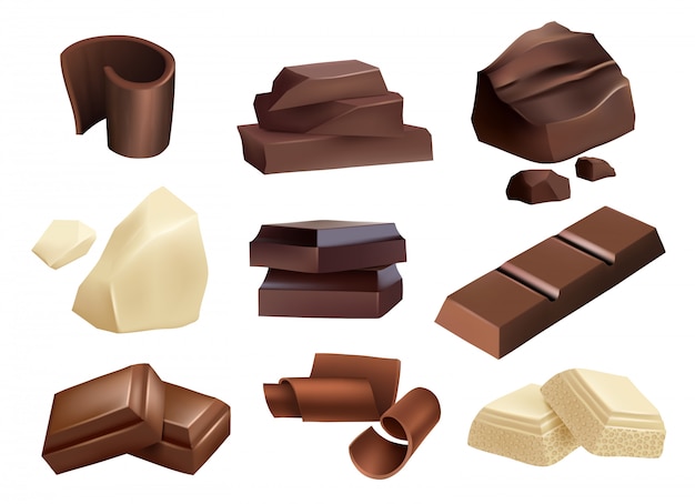 Vector chocolate. dulces postres partes de la colección realista de chocolate blanco y negro