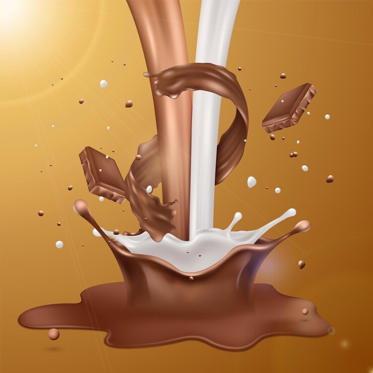 Vector chocolate líquido salpicado salsa de cacao con leche beber gotas flujo textura de los alimentos dulces bocadillos cremosos crema derretida en movimiento volando dulces sabrosos 3d vector aislado ilustración realista
