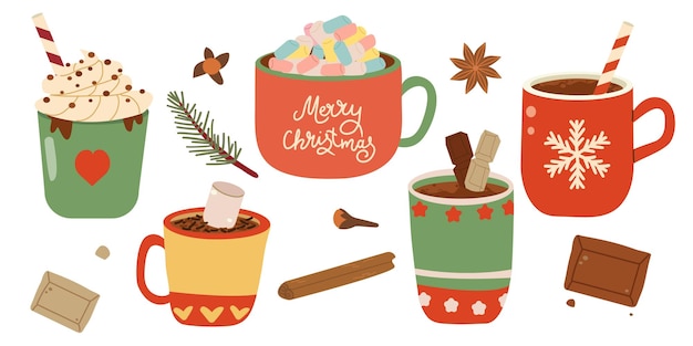 Chocolate de Navidad y bebidas de ponche de huevo tazas calientes de vacaciones de invierno íconos vectoriales de ponque de huevos o ponche de leche de Navidad bebidas en tazas y tazas bebidas de chocolate caliente para el Año Nuevo y la tarjeta de felicitación de Navidad