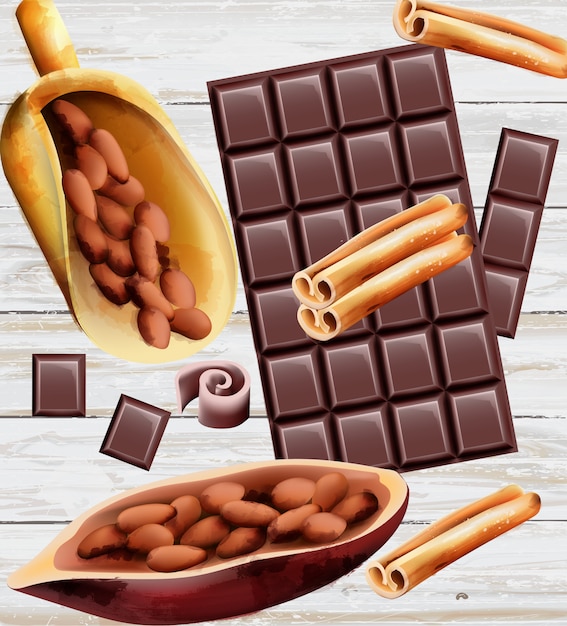 Chocolate negro con canela y granos de cacao.