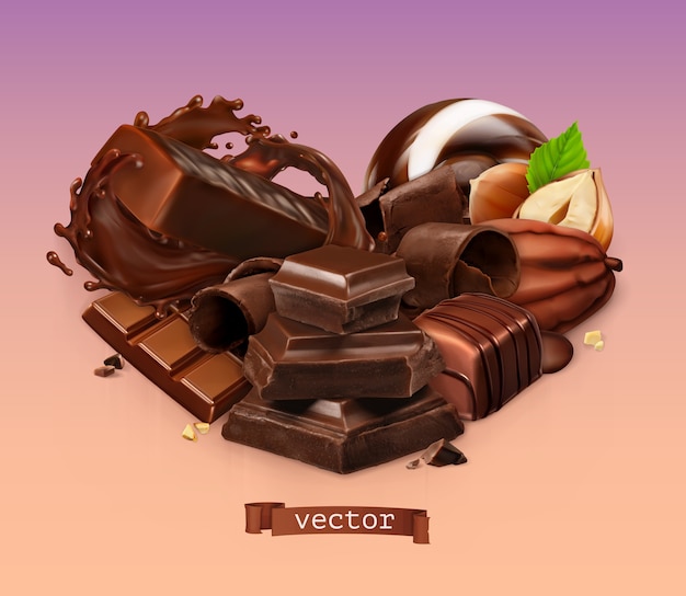 Vector chocolate realista. barra de chocolate, splash, caramelos, trozos, virutas, cacao en grano y avellana.