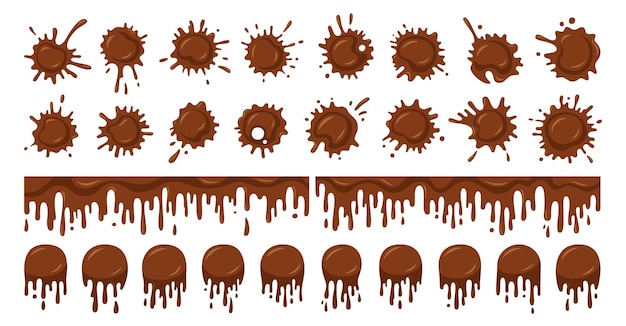 Chocolate salpicado salpicado juego de dibujos animados mancha café cacao salpicado líquidos gota icono gotas gotas vector