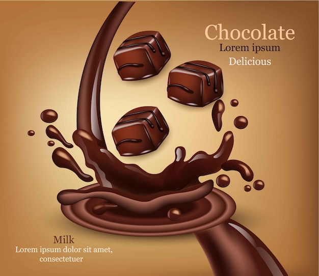 Chocolates dulces con splash Vector realista. Mock up de ilustración 3d detallada de plantillas