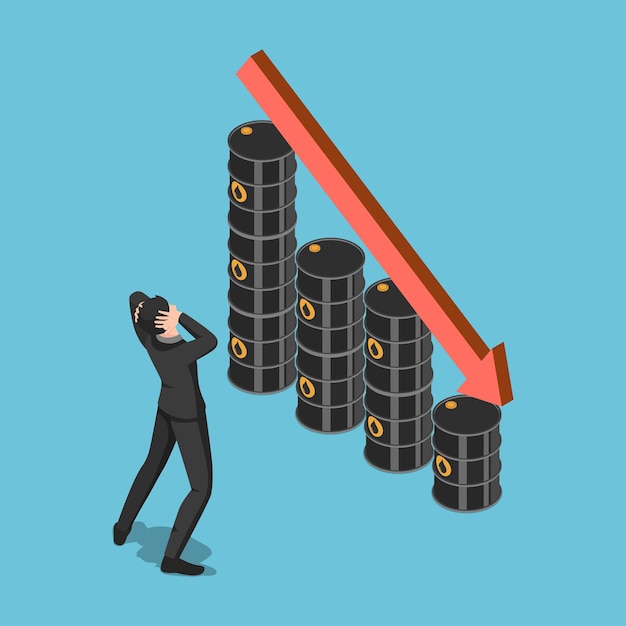 Choque de empresario isométrico 3d plano cuando el gráfico de barriles de petróleo decreace. concepto de crisis de precios del petróleo.