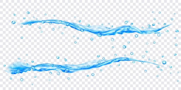 Vector chorros de agua translúcidos con gotas en colores azul claro, aisladas sobre fondo transparente. transparencia solo en archivo vectorial