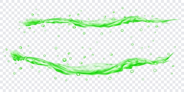 Vector chorros de agua translúcidos con gotas en colores verdes, aisladas sobre fondo transparente. transparencia solo en archivo vectorial