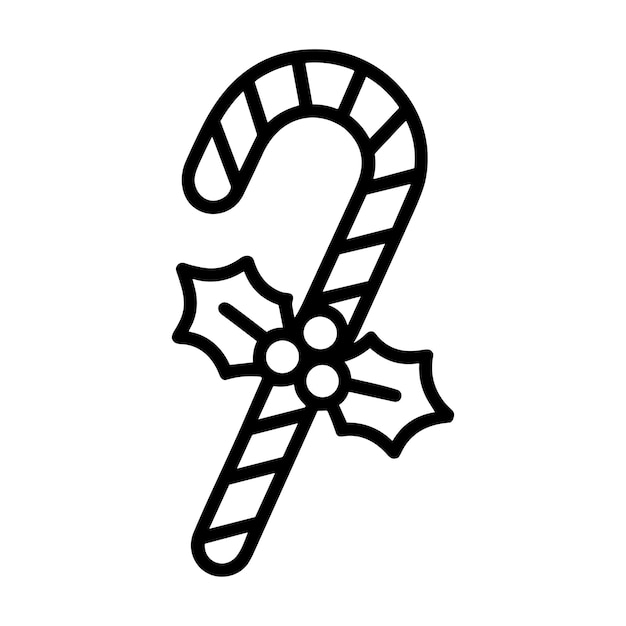Christmas Candy Cane with Holly Black Line Art Vector