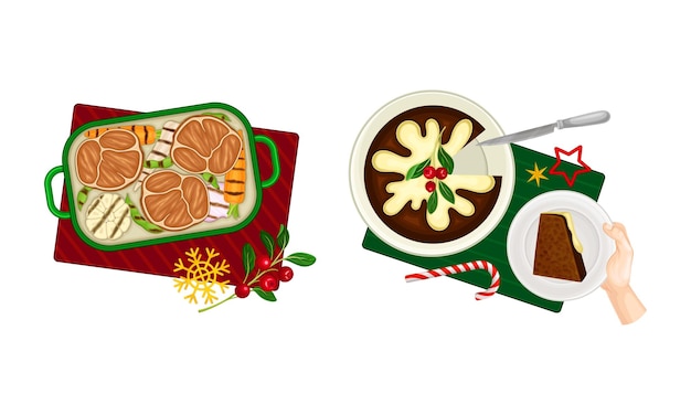 Christmas dinner table Top view of festive table with traditional dishes served on plates vector illustration