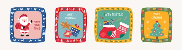 Christmas greeting cards with Santa gifts and gingerbread man in retro design New Year holiday