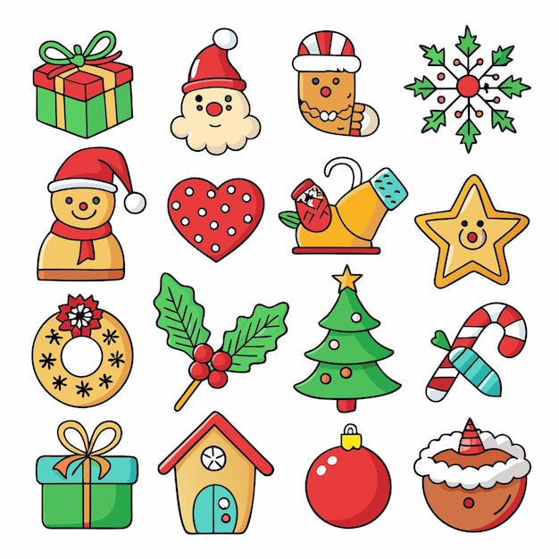 Christmas icons set in flat cartoon style