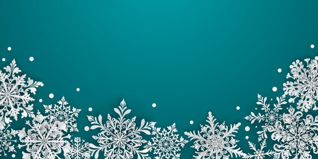 Christmas illustration featuring intricate paper snowflakes of varying sizes and designs located below white on light blue background