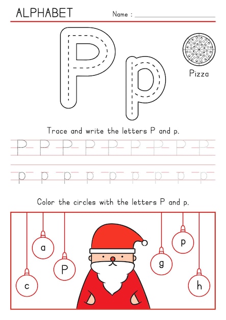 Christmas Santa Tracing Escritura y coloración Alfabeto P