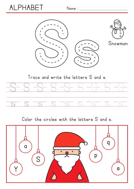 Christmas Santa Tracing Escritura y coloración Alfabeto S
