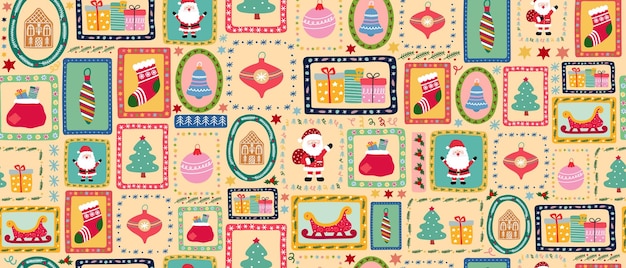Christmas seamless retro pattern with Santa Claus gift box gingerbread house stocking bells