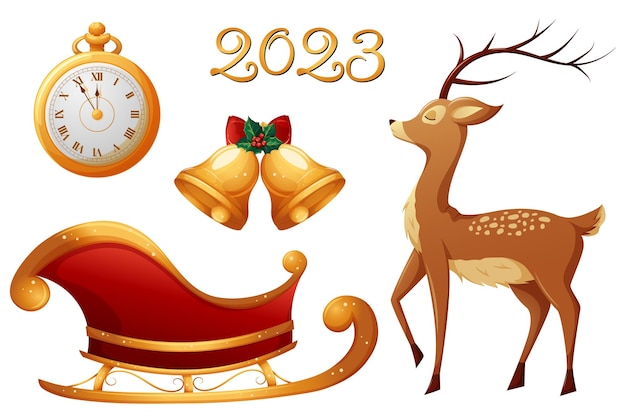 Christmas Set 2023 con reloj de trineo de renos de dibujos animados y campanas doradas