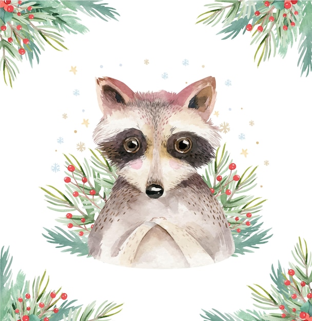 Christmas Woodland Lindo personaje de mapache de dibujos animados de bosque. tarjeta de año nuevo