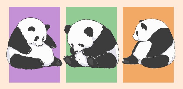 Vector chubby panda sentado ilustraciones lindo juego de dibujos animados