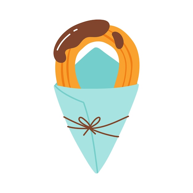 Churros en una bolsa de papel bocadillo mexicano Ilustración vectorial plana dibujada a mano Churros de chocolate en un cono