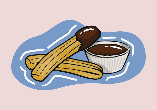 Churros dibujados a mano. Ilustración de postre dulce español tradicional y salsa de chocolate