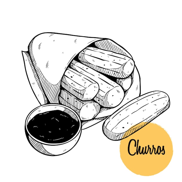 Churros en paquete con dibujo a mano o estilo incompleto